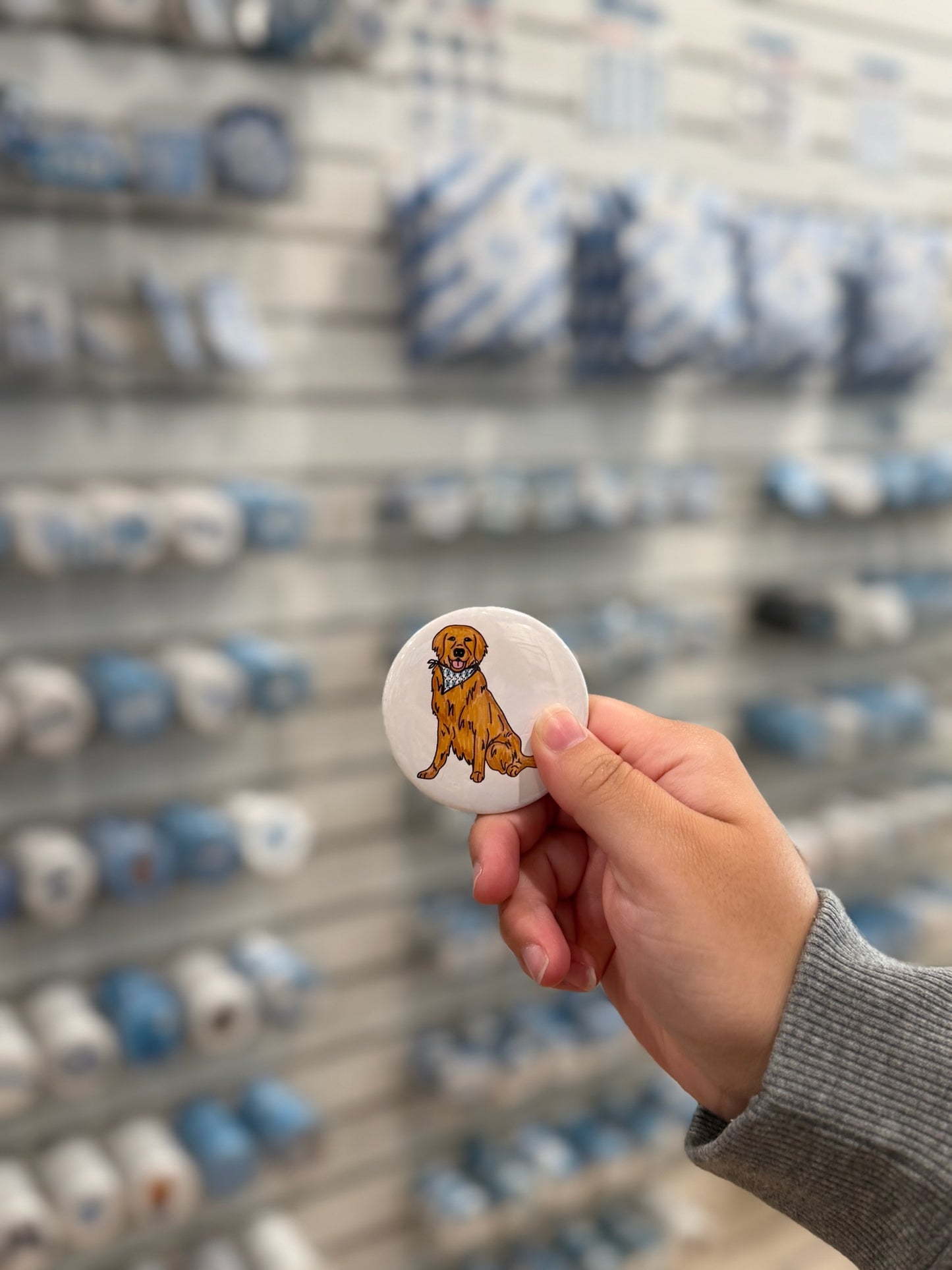 Golden Retriever in Carolina Blue Argyle Bandana Button Pin by SHB