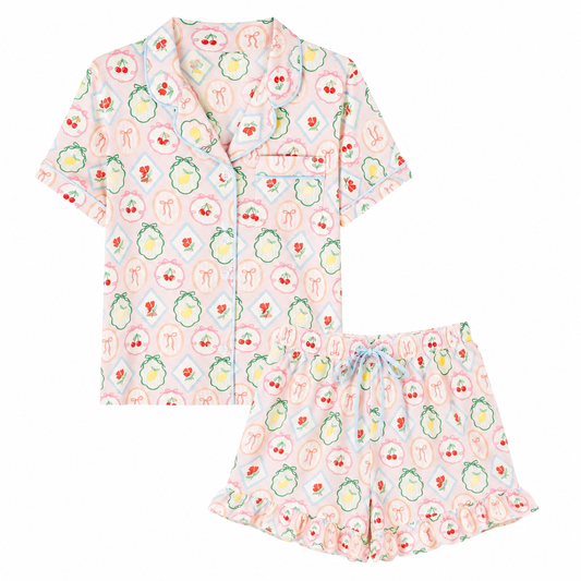 Fruit Cocktail Ruffle Hem Shorts Pajama Set