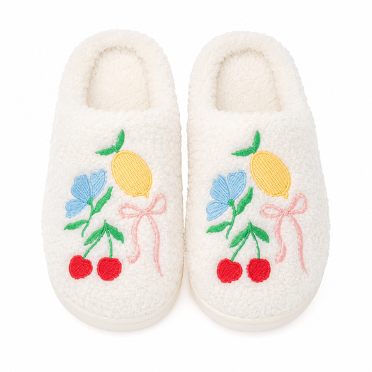 Fuzzy Plush Slippers with Fruit Cocktail Embroidery