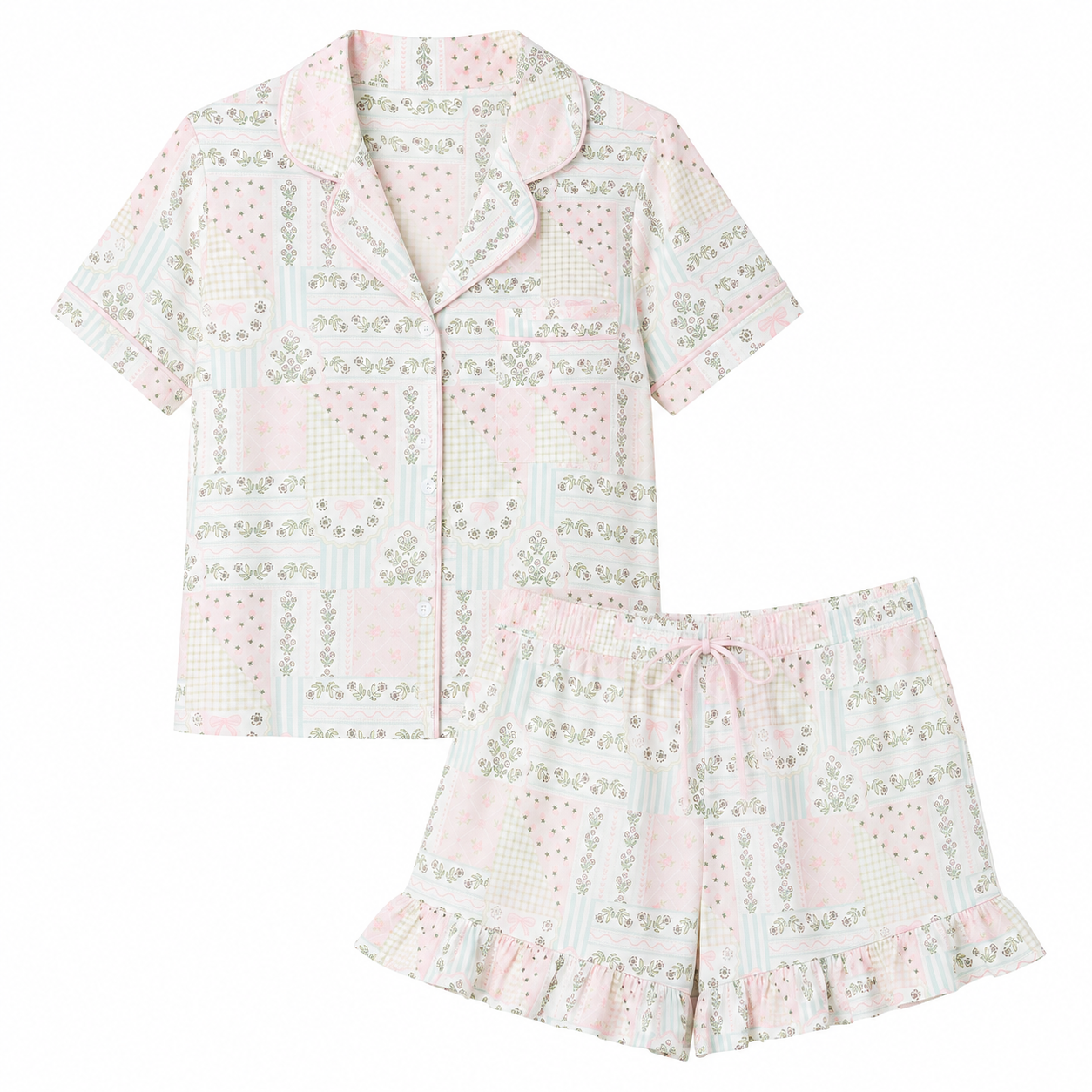 Patchwork Ruffle Hem Shorts Pajama Set