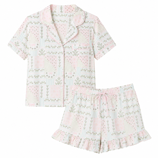 Patchwork Ruffle Hem Shorts Pajama Set