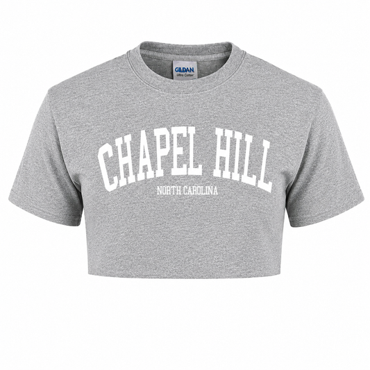 Chapel Hill Ash Grey with White Lettering Crop Top - Main View - Shrunken Head