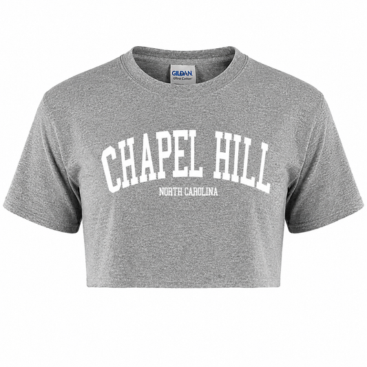 Chapel Hill Sport Grey with White Lettering Crop Top - Main View - Shrunken Head