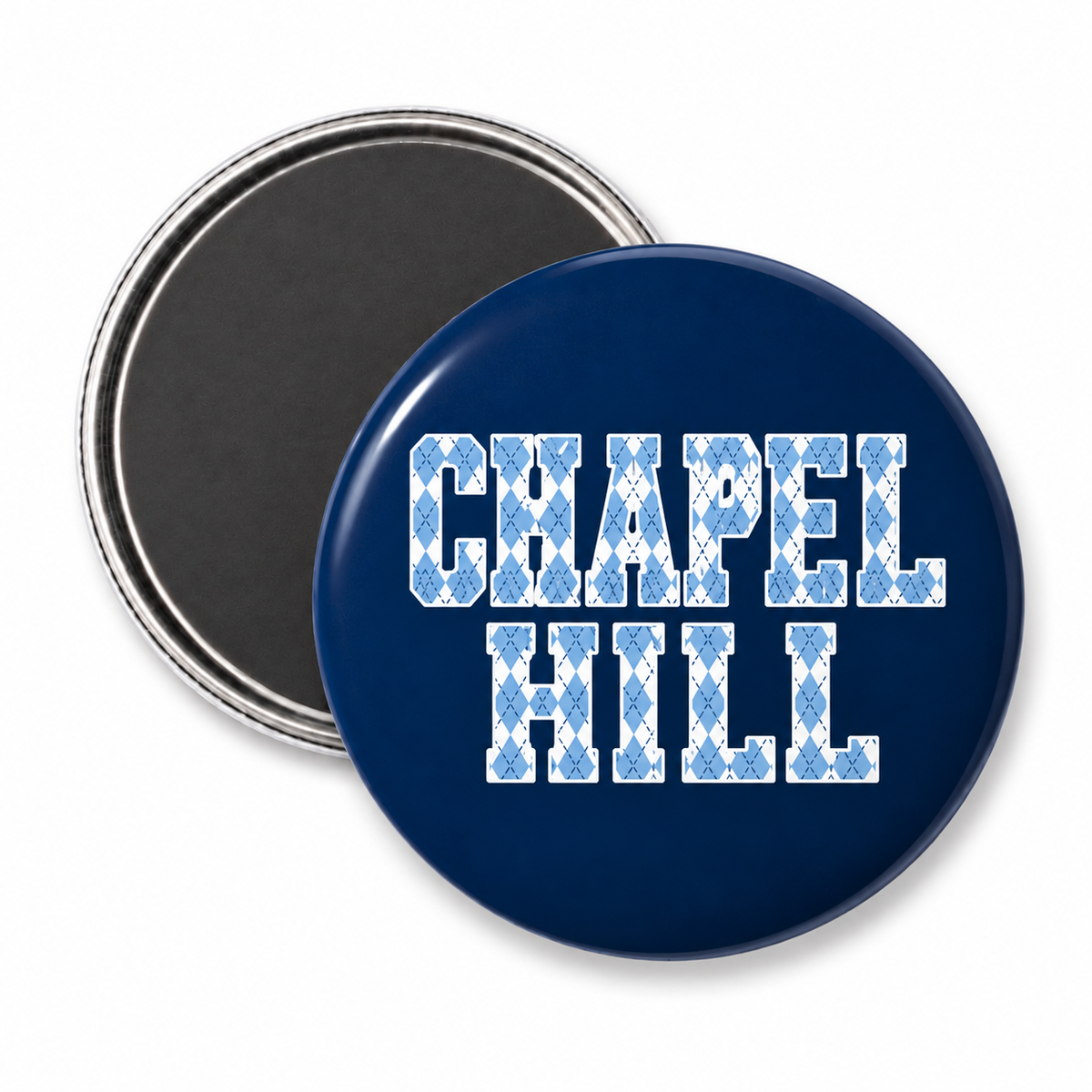 Chapel Hill Argyle Navy Button Magnet 2.25" - Main View - Shrunken Head