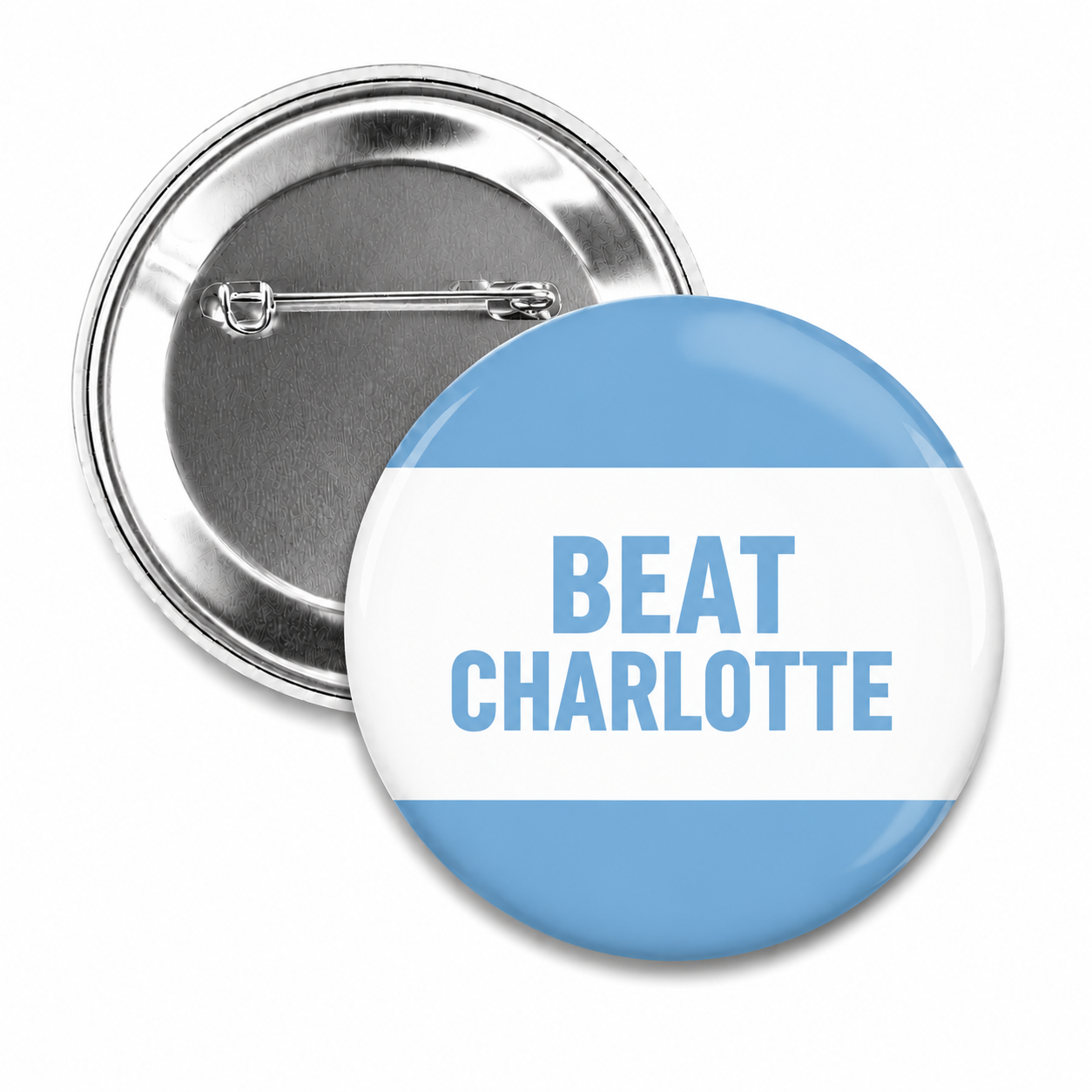 SHB Beat Charlotte Button Carolina Blue Game Day Pin - Main View - Shrunken Head
