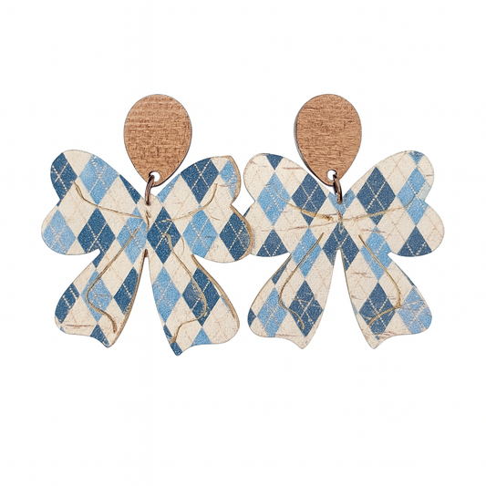 Cheers and Charms Carolina Blue Argyle Bow Earrings