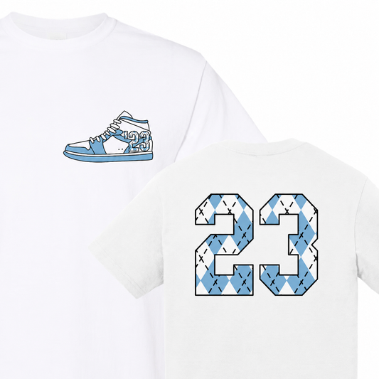 23 Sneaker T-Shirt in White and Carolina Blue