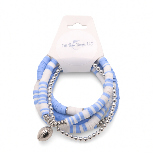 Light Blue and White Game Day Bracelet Stack With Football Charm-SILVER