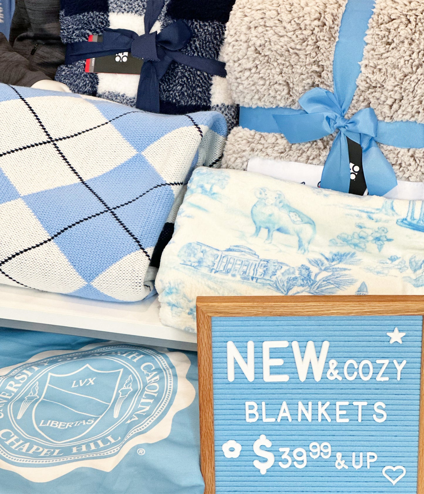 Carolina Blue and Navy Argyle Print Knit Blanket