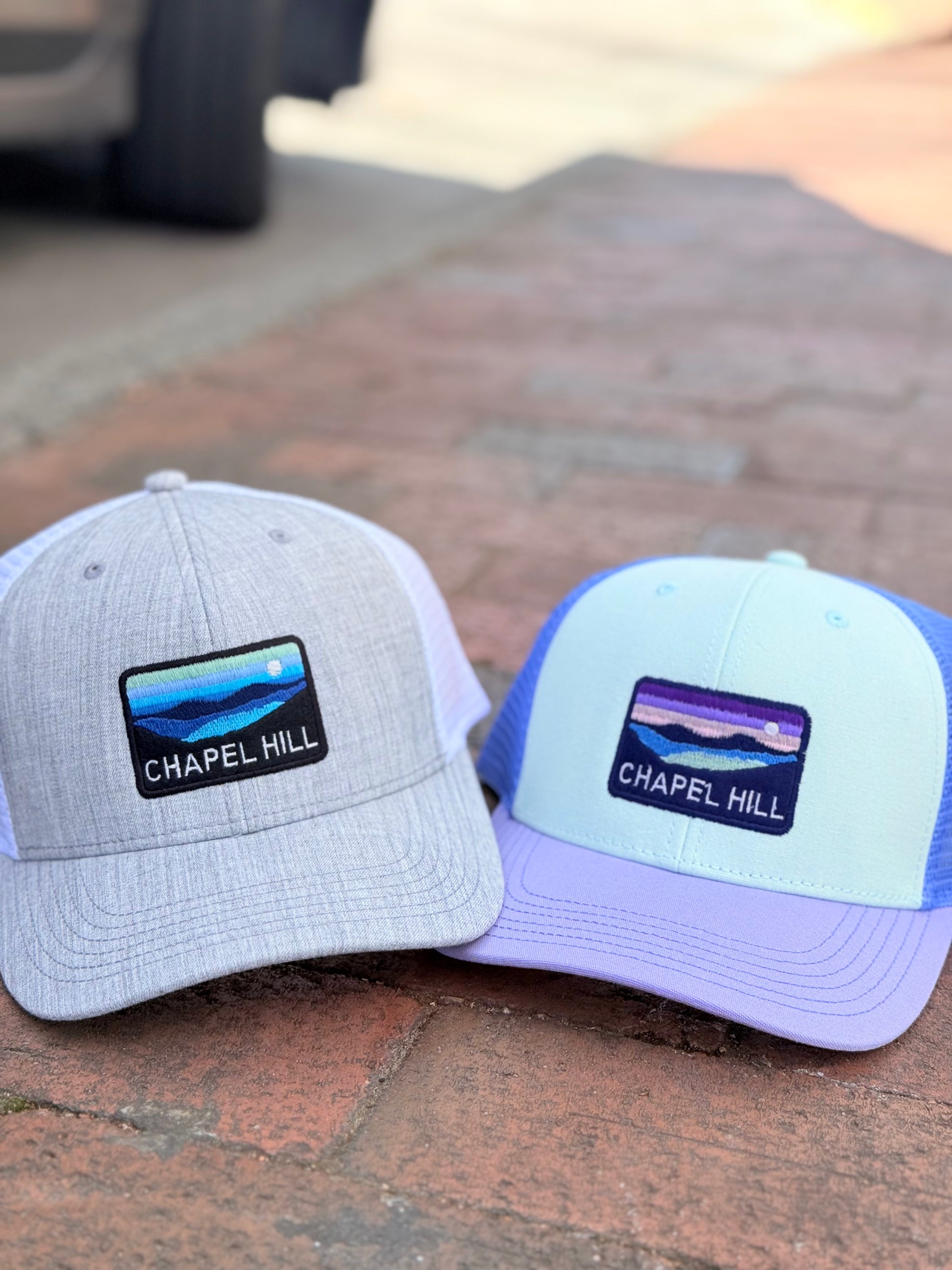 Classic Grey Chapel Hill North Carolina Trucker Hat - Detail View - Legacy