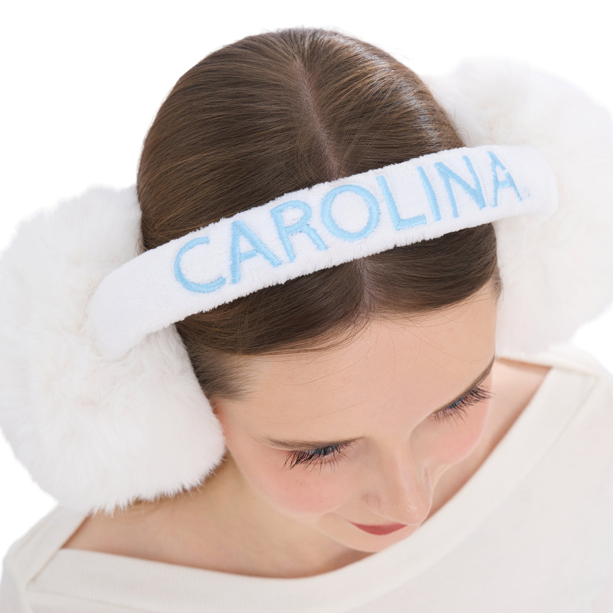 Carolina Tar Heels White Winter Fluffy Earmuffs - Lifestyle View - ZooZats