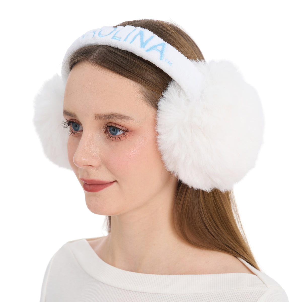 Carolina Tar Heels White Winter Fluffy Earmuffs - Detail View - ZooZats