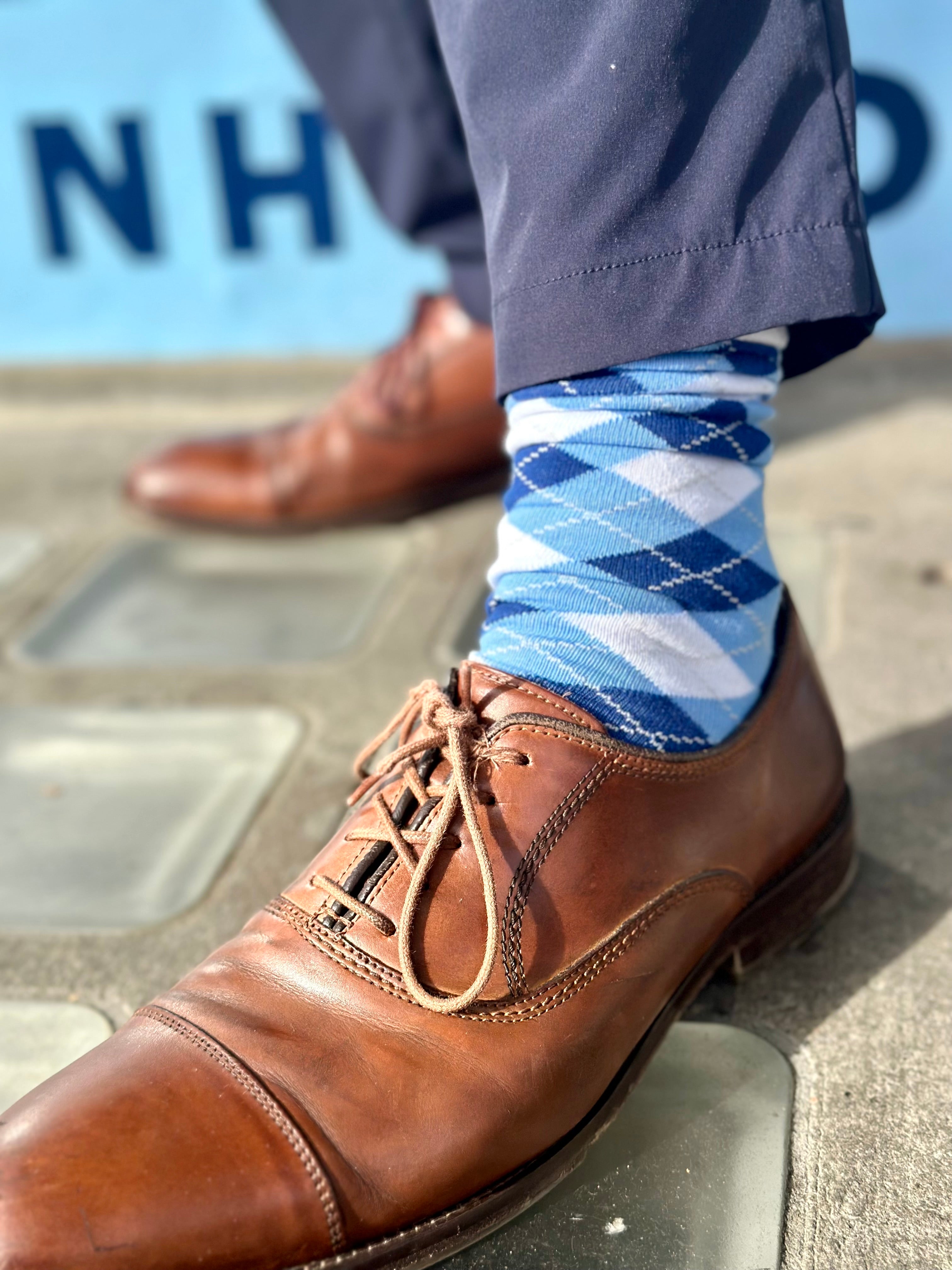 UNC Argyle Socks Adult One Size Carolina Blue and Navy Shrunken Head