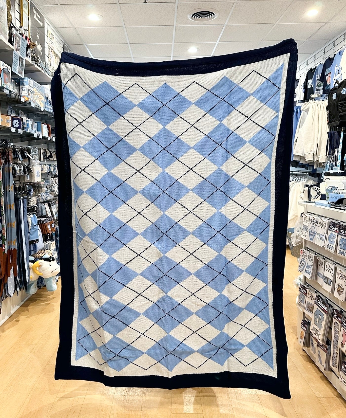 Carolina Blue and Navy Argyle Print Knit Blanket