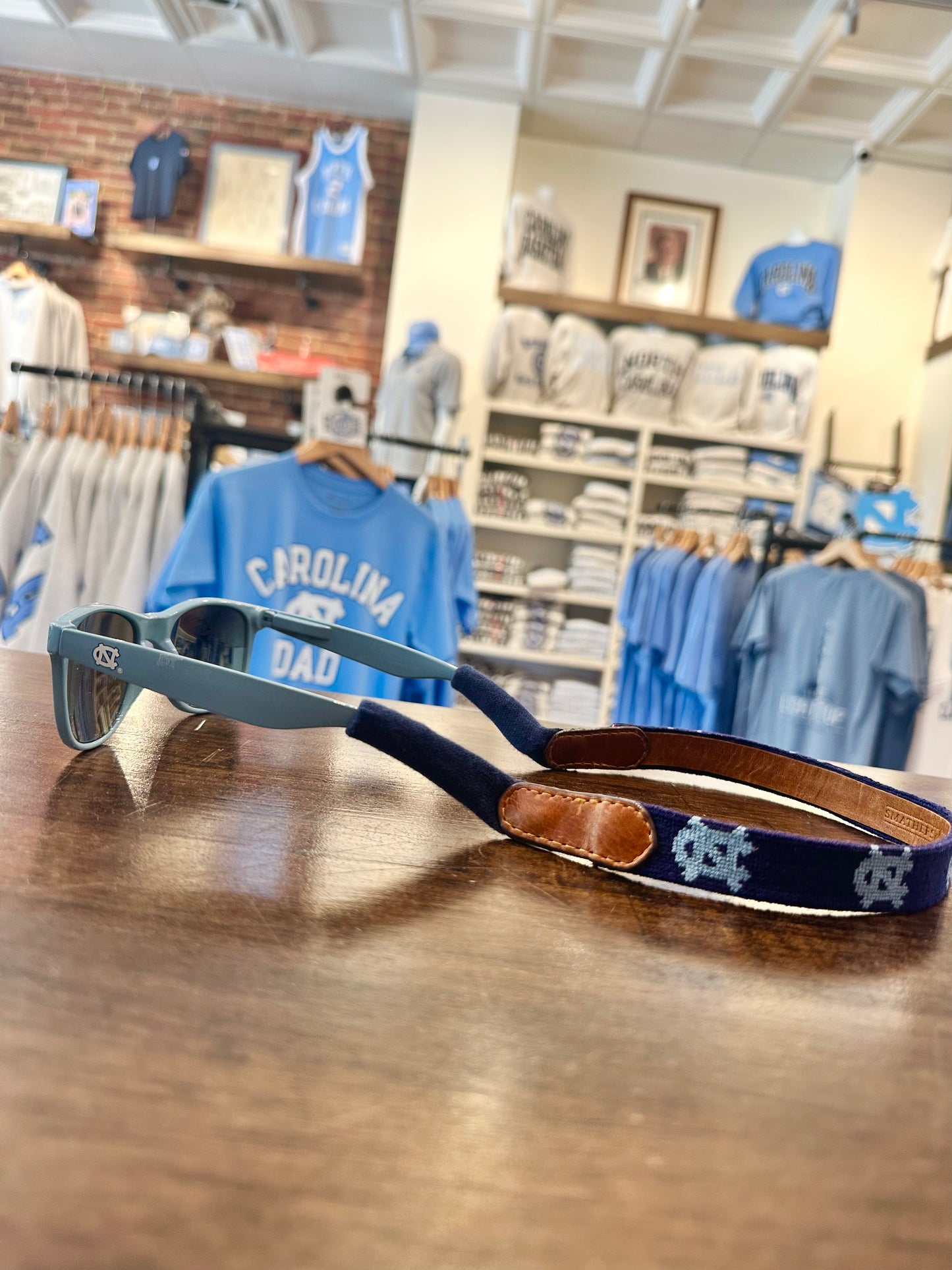 UNC Sunglasses Strap with Navy Needlepoint and Leather Details