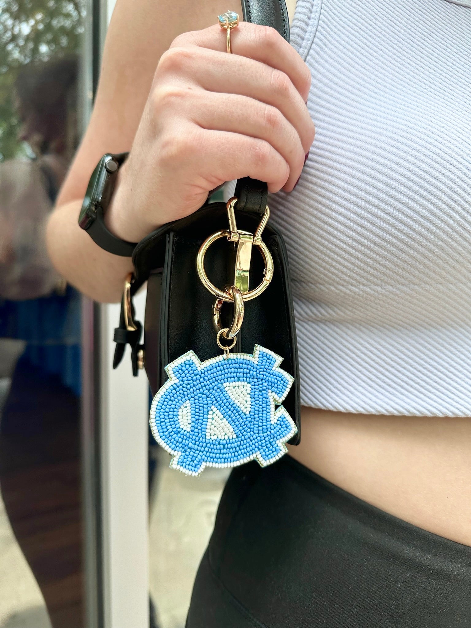 UNC Beaded Logo Bag Charm - Lifestyle View - Desden