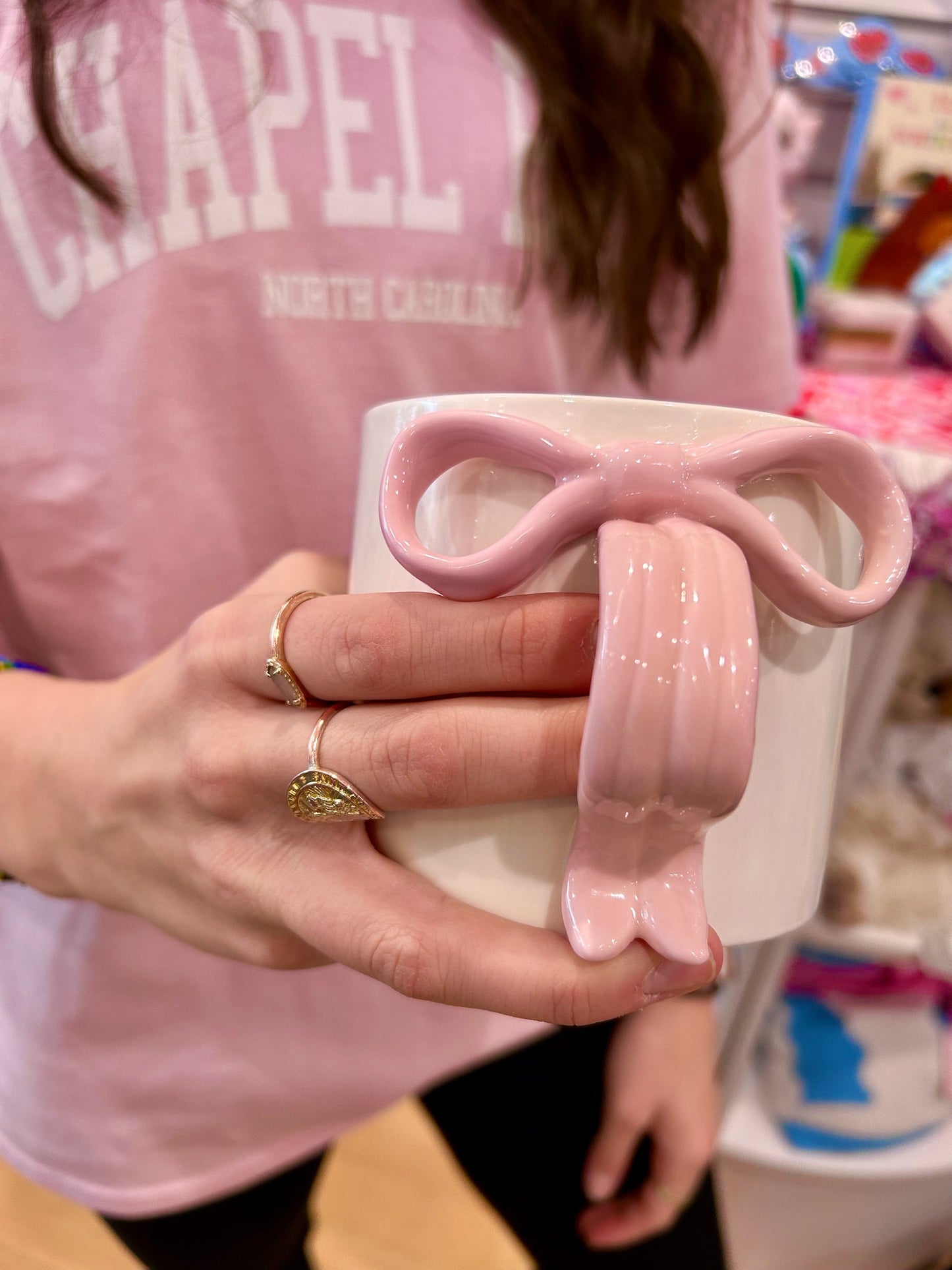 Pink and White Bow Ceramic Mug 15 oz - Detail View - Rock Paper Scissors