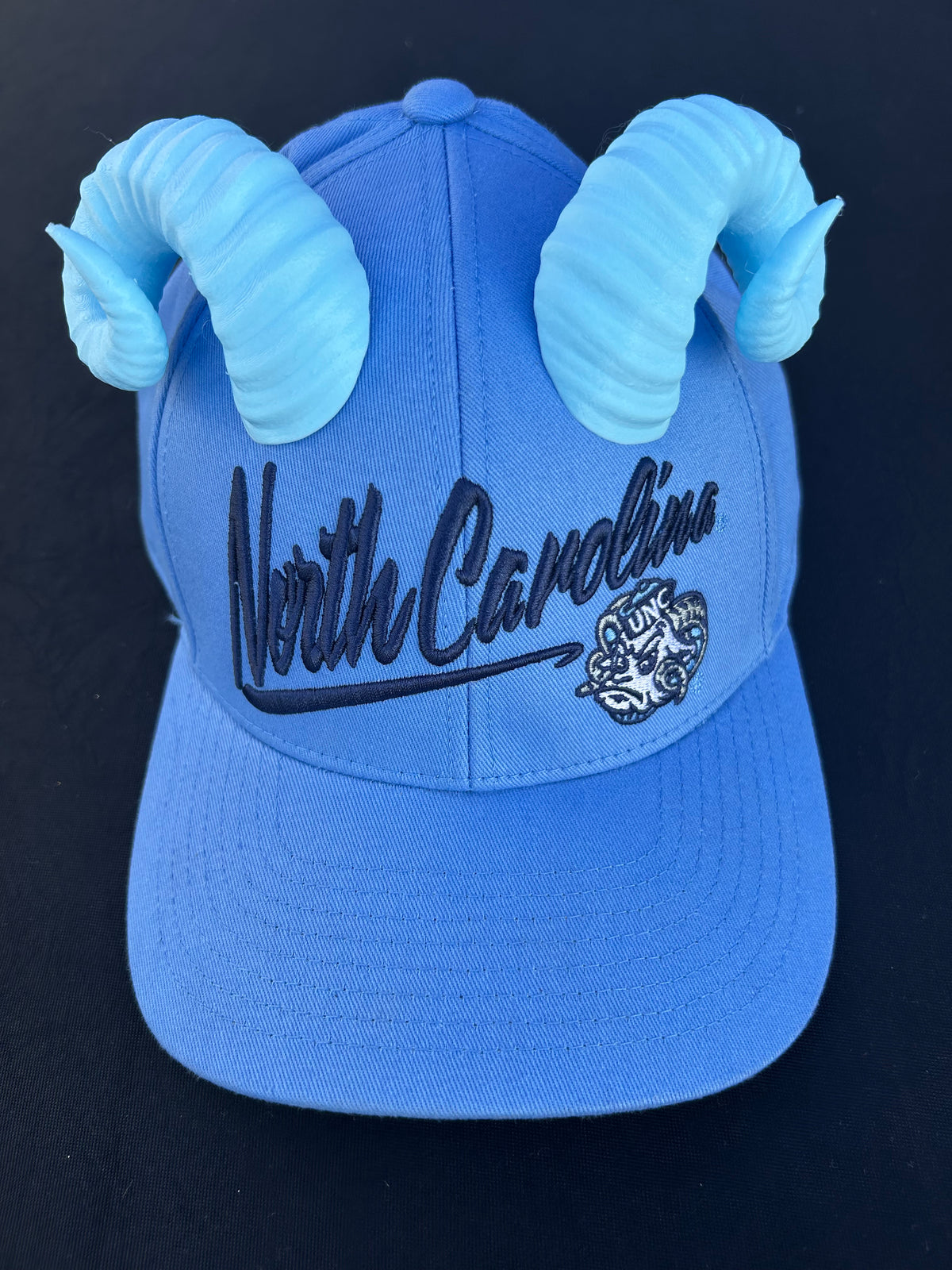 Carolina Blue Ram Horns Hat Accessory for North Carolina Game Day - Detail View - Mystery Mutt Design