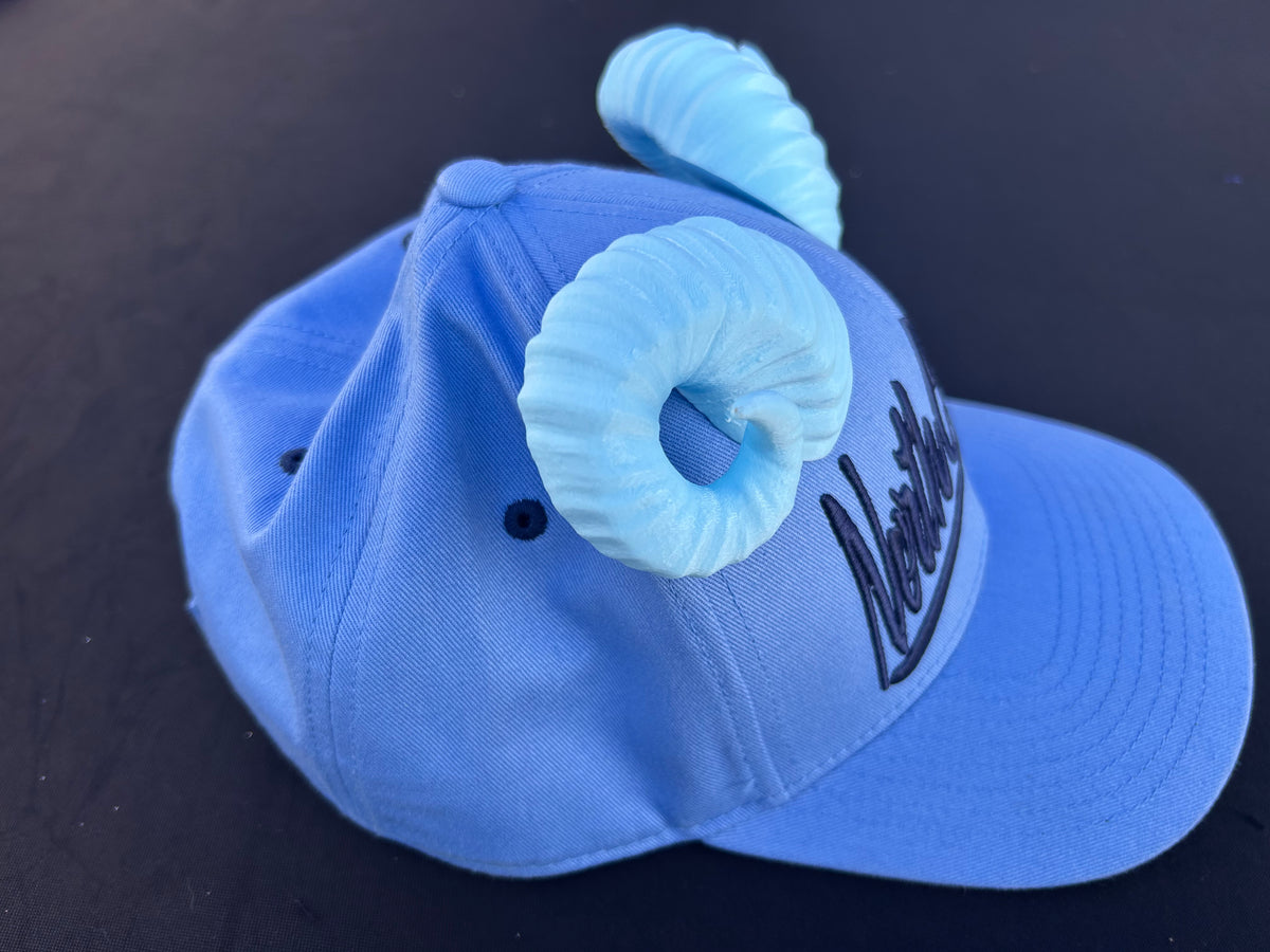 Carolina Blue Ram Horns Hat Accessory for North Carolina Game Day - Main View - Mystery Mutt Design