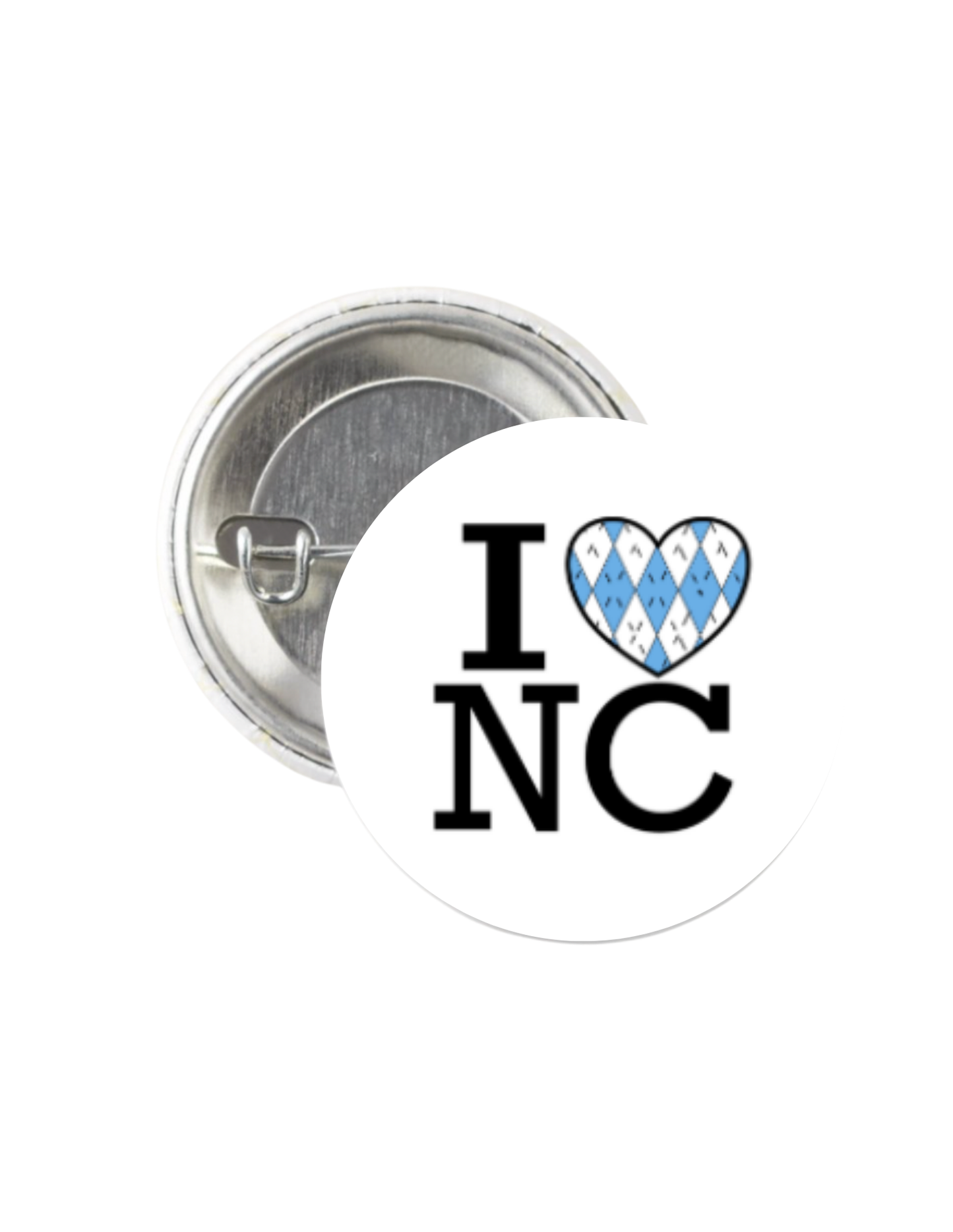 I Love NC Argyle Heart Button Pin 1.25"