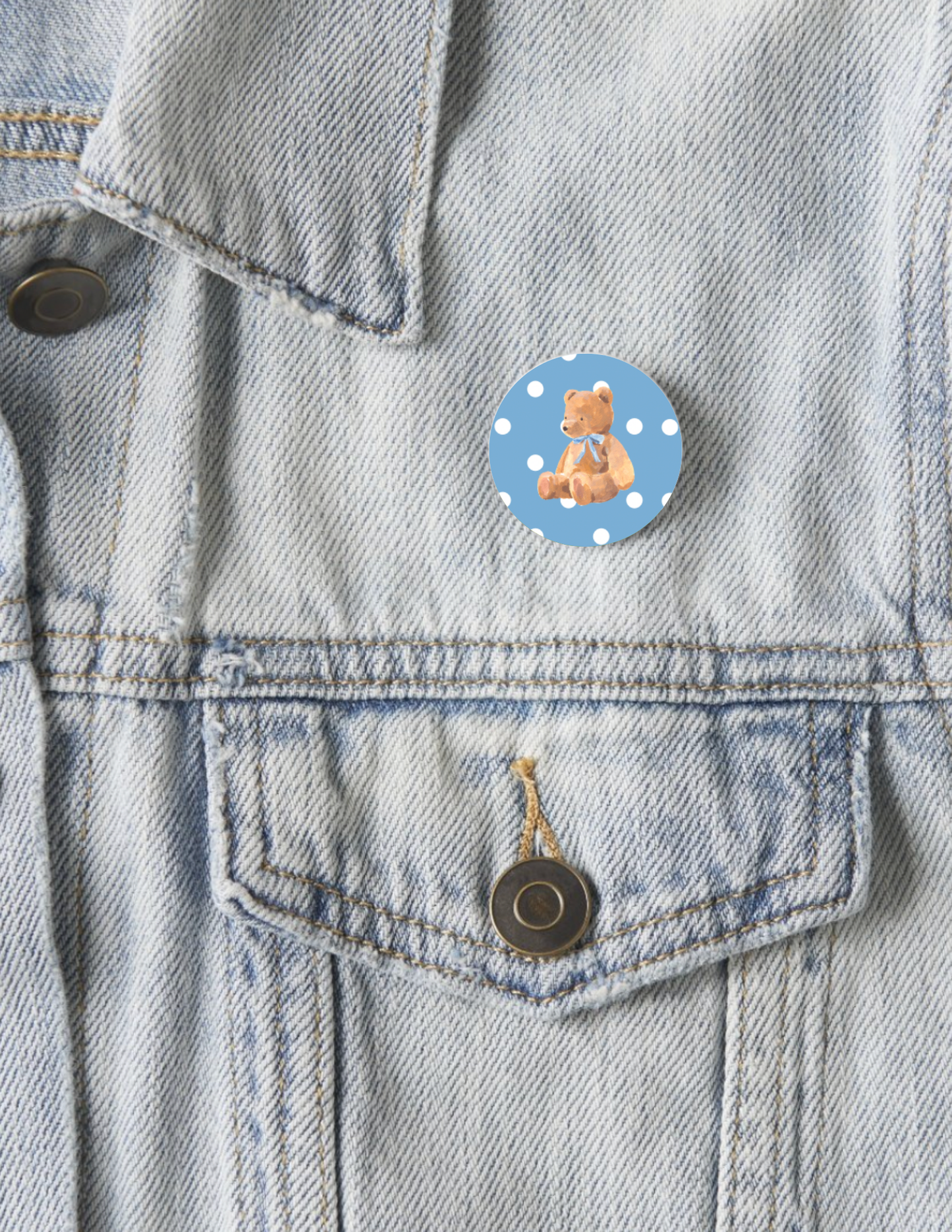 Polka Dot Teddy Bear Button Pin 1.25" - Detail View - Shrunken Head