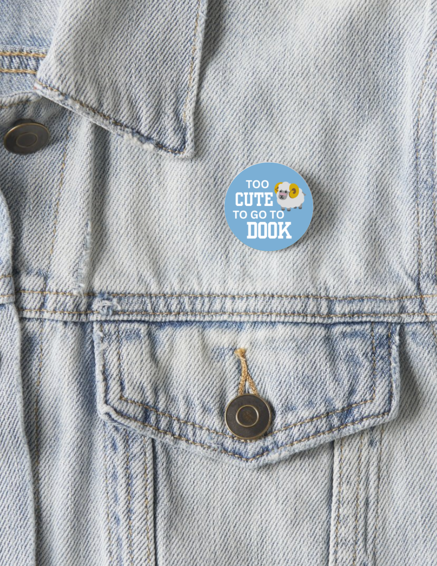 Too Cute To Go To Dook Button Pin 1.25" - Detail View - Shrunken Head