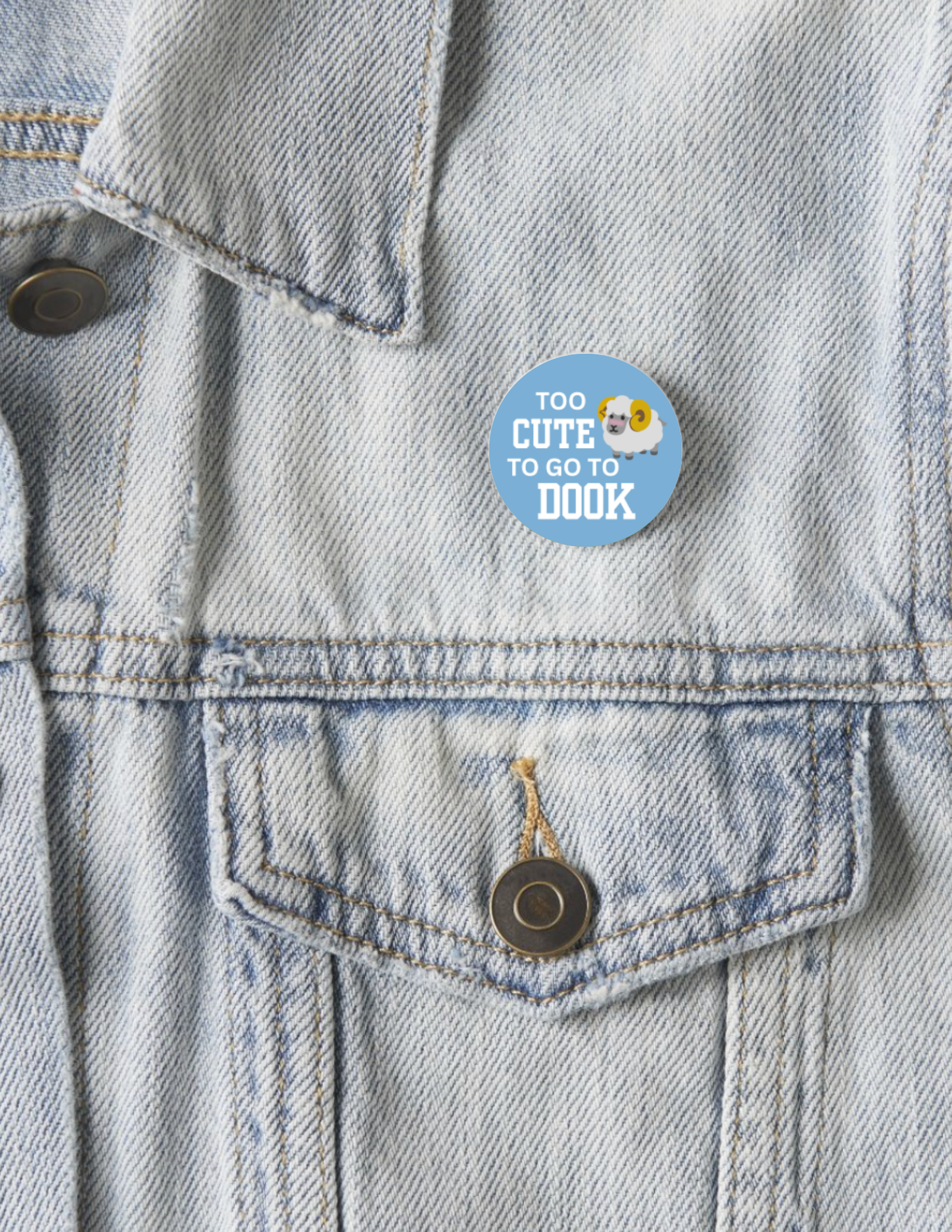 Too Cute To Go To Dook Button Pin 1.25" - Detail View - Shrunken Head