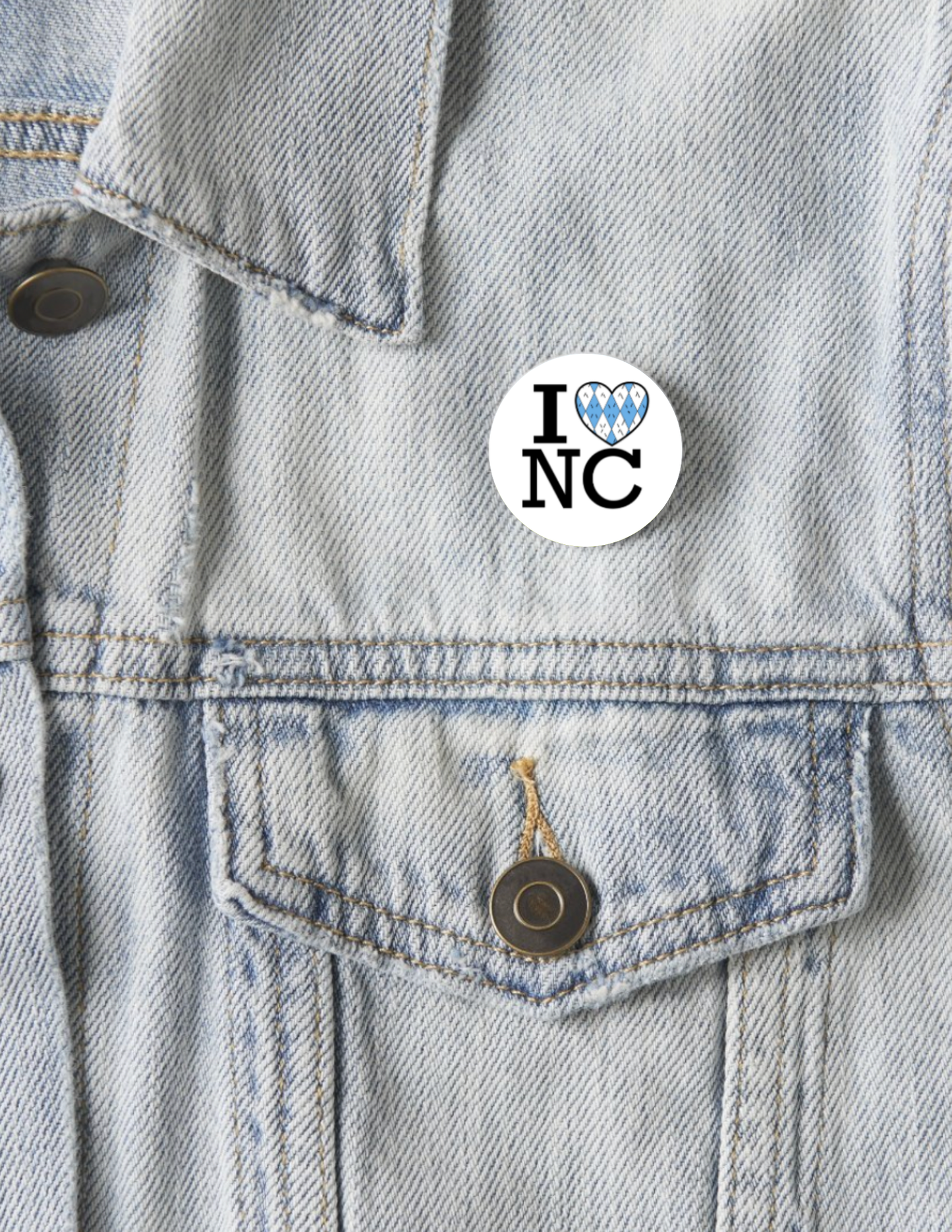 I Love NC Argyle Heart Button Pin 1.25"