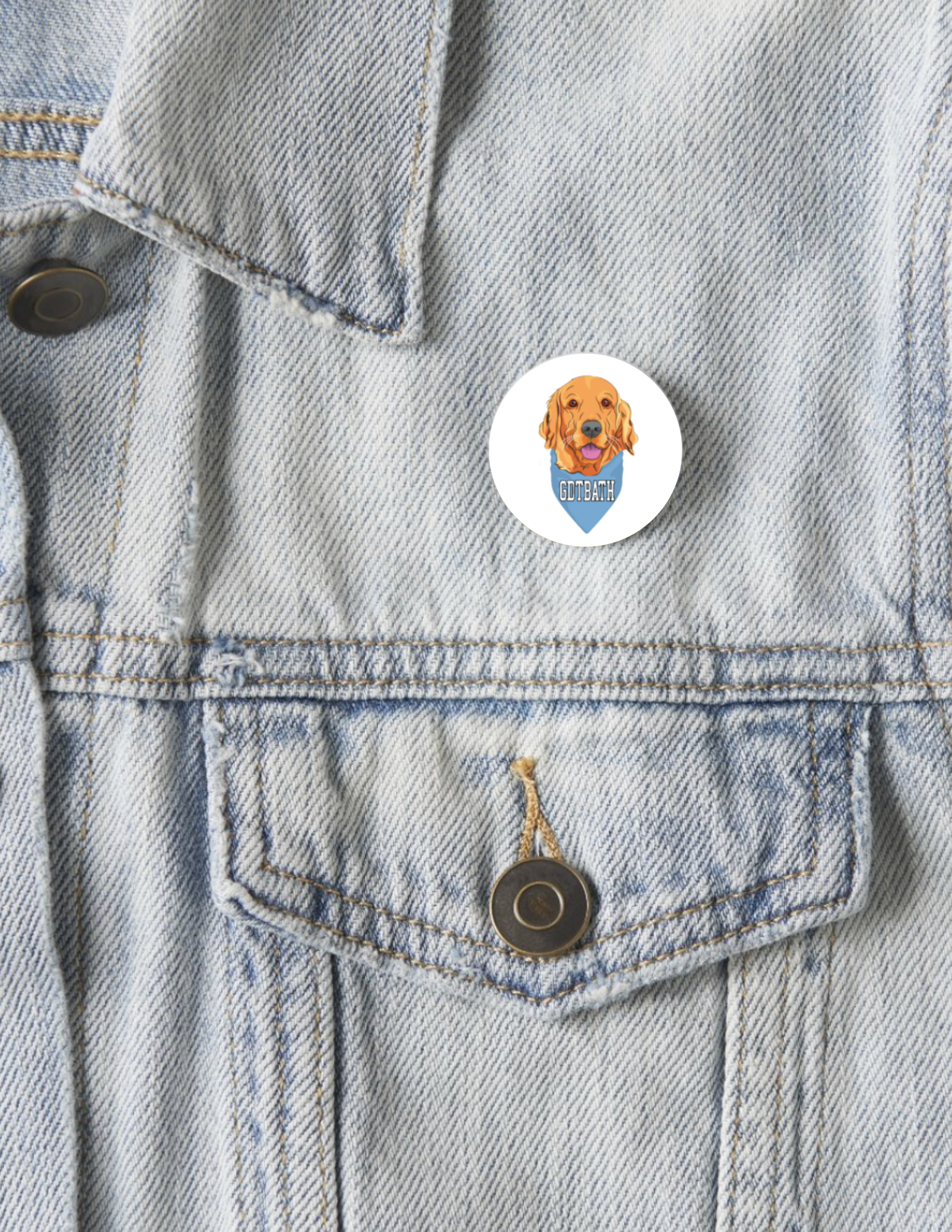 GDTBATH Golden Retriever Button Pin 1.25" - Detail View - Shrunken Head