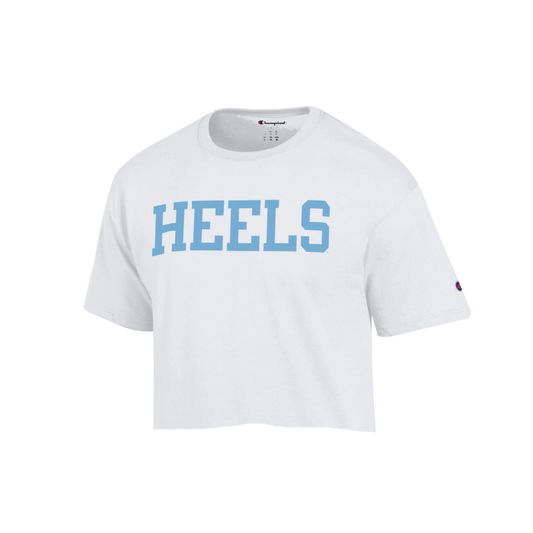Heels Logo Champion Crop Top in White and Light Blue