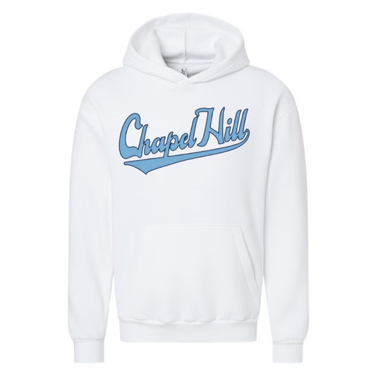 Chapel Hill White Adult Hoodie in Baseball Script Font