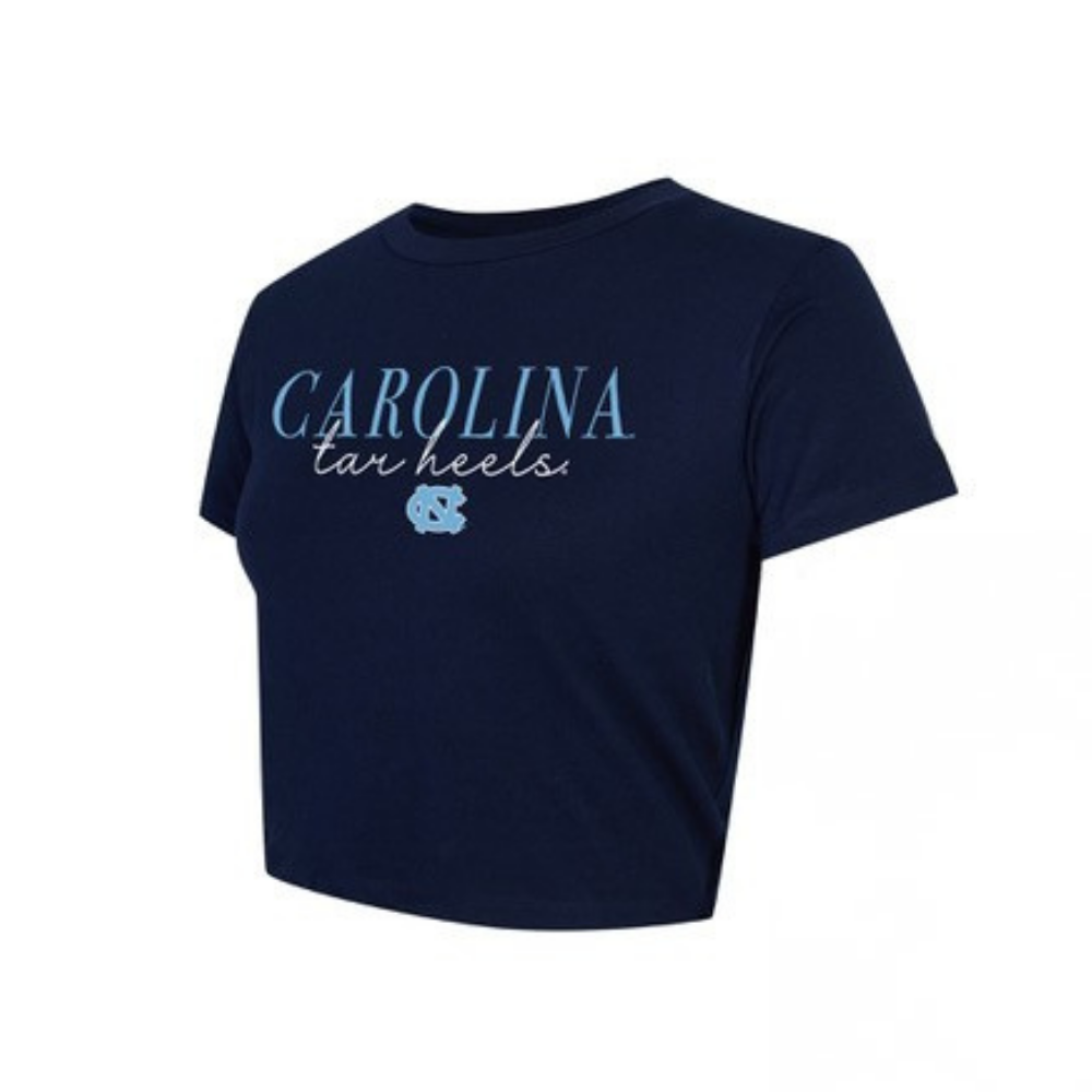 Carolina Tar Heels Navy Cursive Women's Crop Top - Main View - Concept Sports