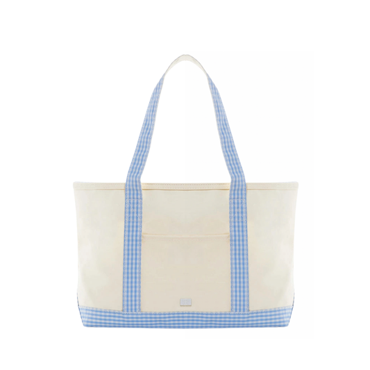 Coated Canvas Medium Tote- Natural with Carolina Blue Gingham Trim