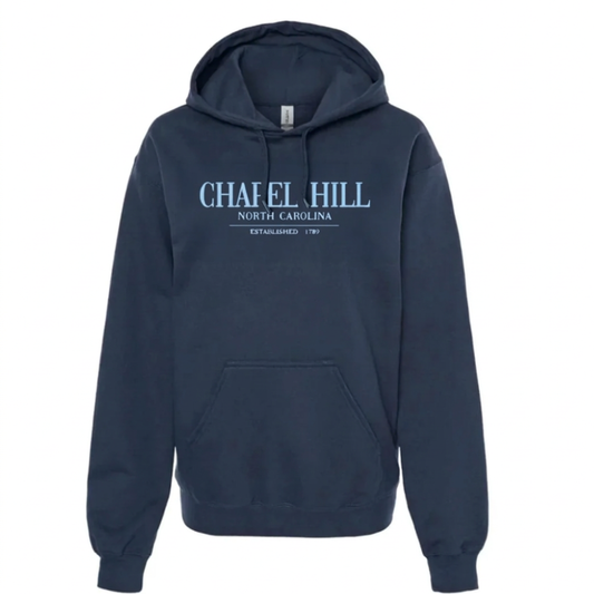 Chapel Hill North Carolina Embroidered Navy Chill Hoodie - Main View - Shrunken Head