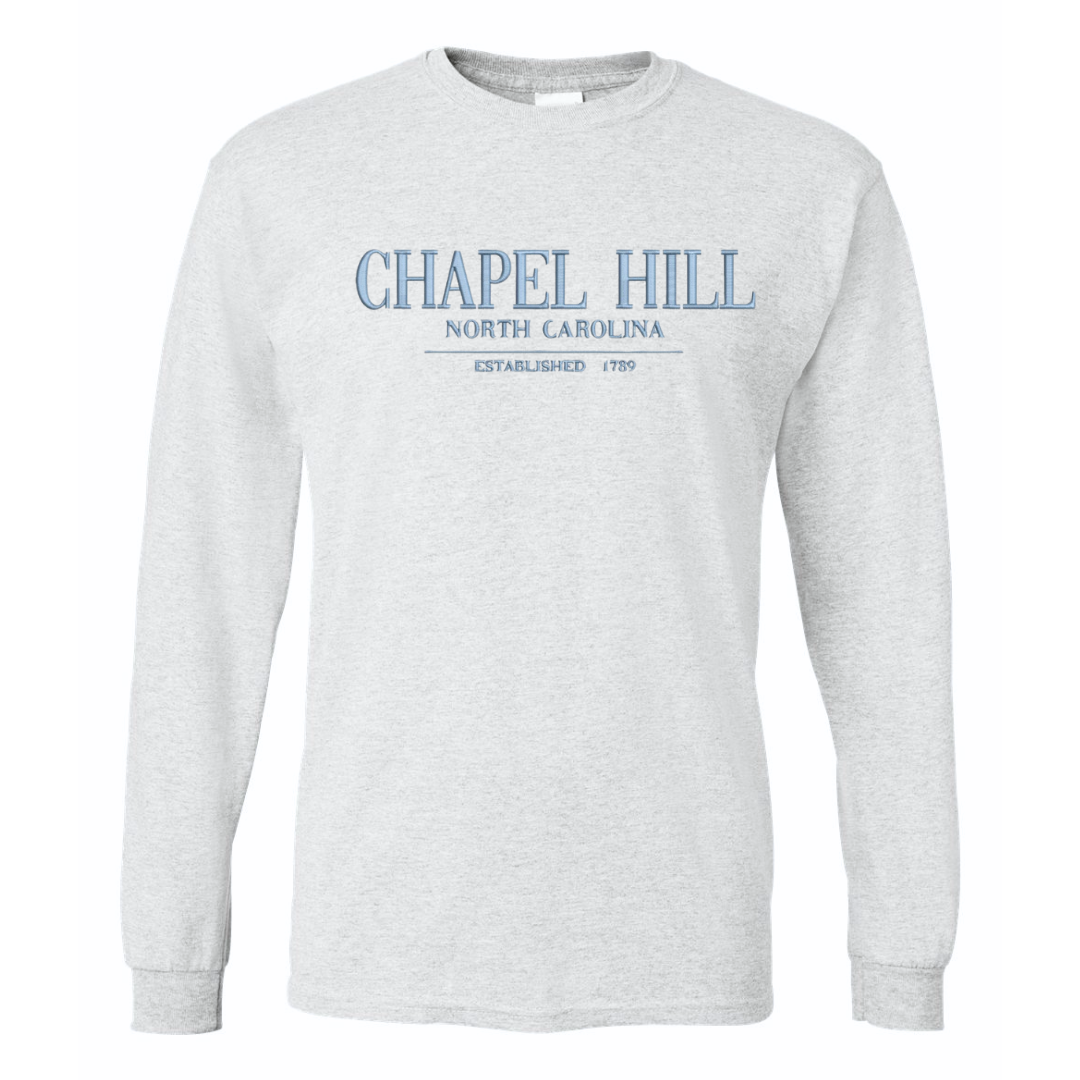 Chapel Hill North Carolina Embroidered Grey Long Sleeve T-Shirt