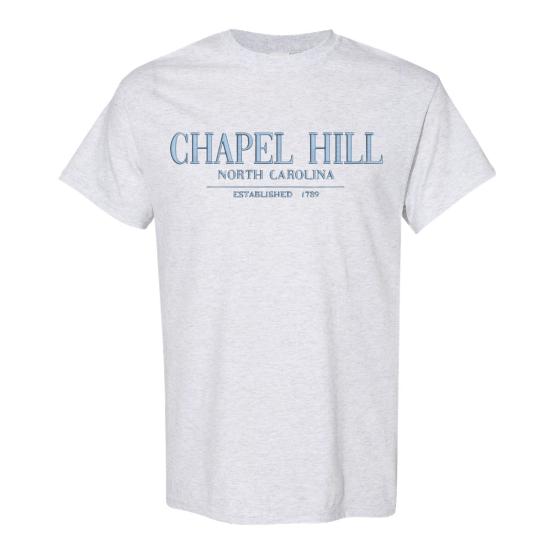 Chapel Hill North Carolina Embroidered Grey Chill T-Shirt