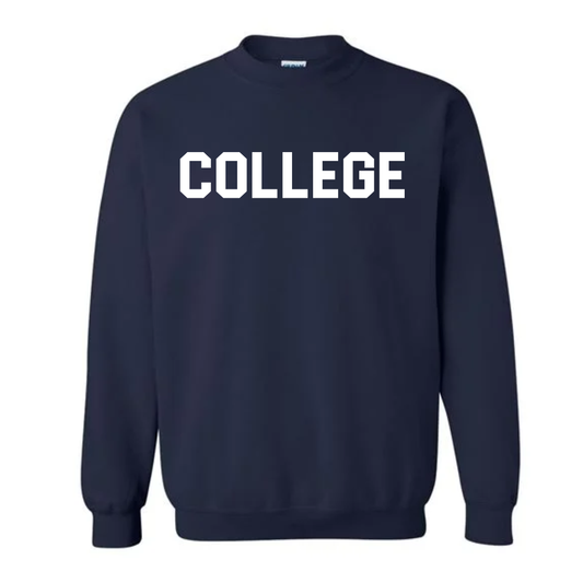 Navy Blue Classic COLLEGE Crewneck Sweatshirt - Main View - Shrunken Head
