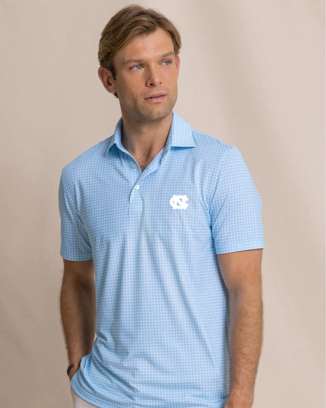 Carolina Blue UNC Plaid Men's Polo by Southern Tide - Detail View - Southern Tide