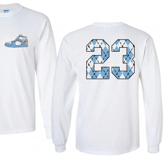 23 Year Sneaker Long Sleeve T-Shirt in White and Carolina Blue