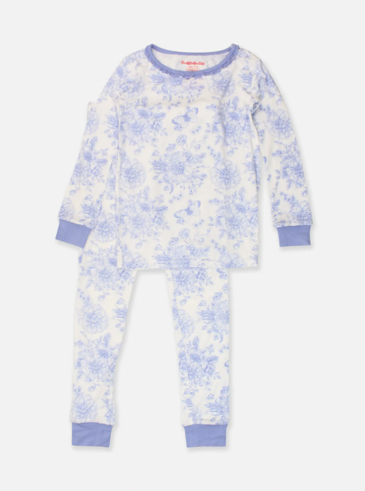 Girls Periwinkle Blue Butterfly Garden Toile Bamboo Viscose Ruffle Long Sleeve Pajama Set