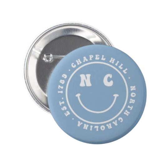 Chapel Hill Smiley Button Pin by Shrunken Head 2.25