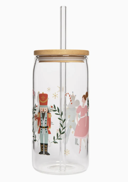 Nutcracker 17 oz Can Glass w/ Straw & Lid