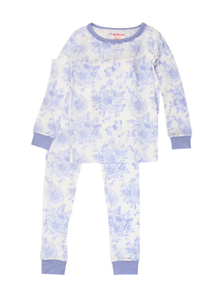 Toddler  Periwinkle Blue Butterfly Garden Toile Bamboo Viscose Ruffle Long Sleeve Pajama Set