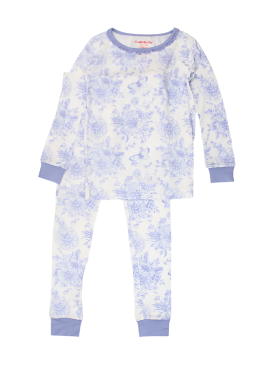 Toddler  Periwinkle Blue Butterfly Garden Toile Bamboo Viscose Ruffle Long Sleeve Pajama Set