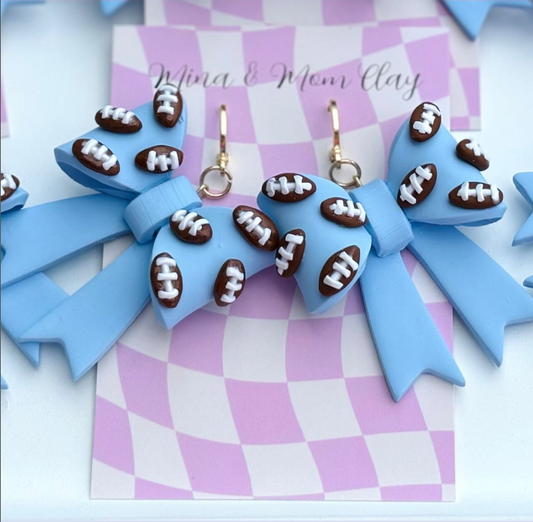 Blue Bow Dangle Earrings with Footballs