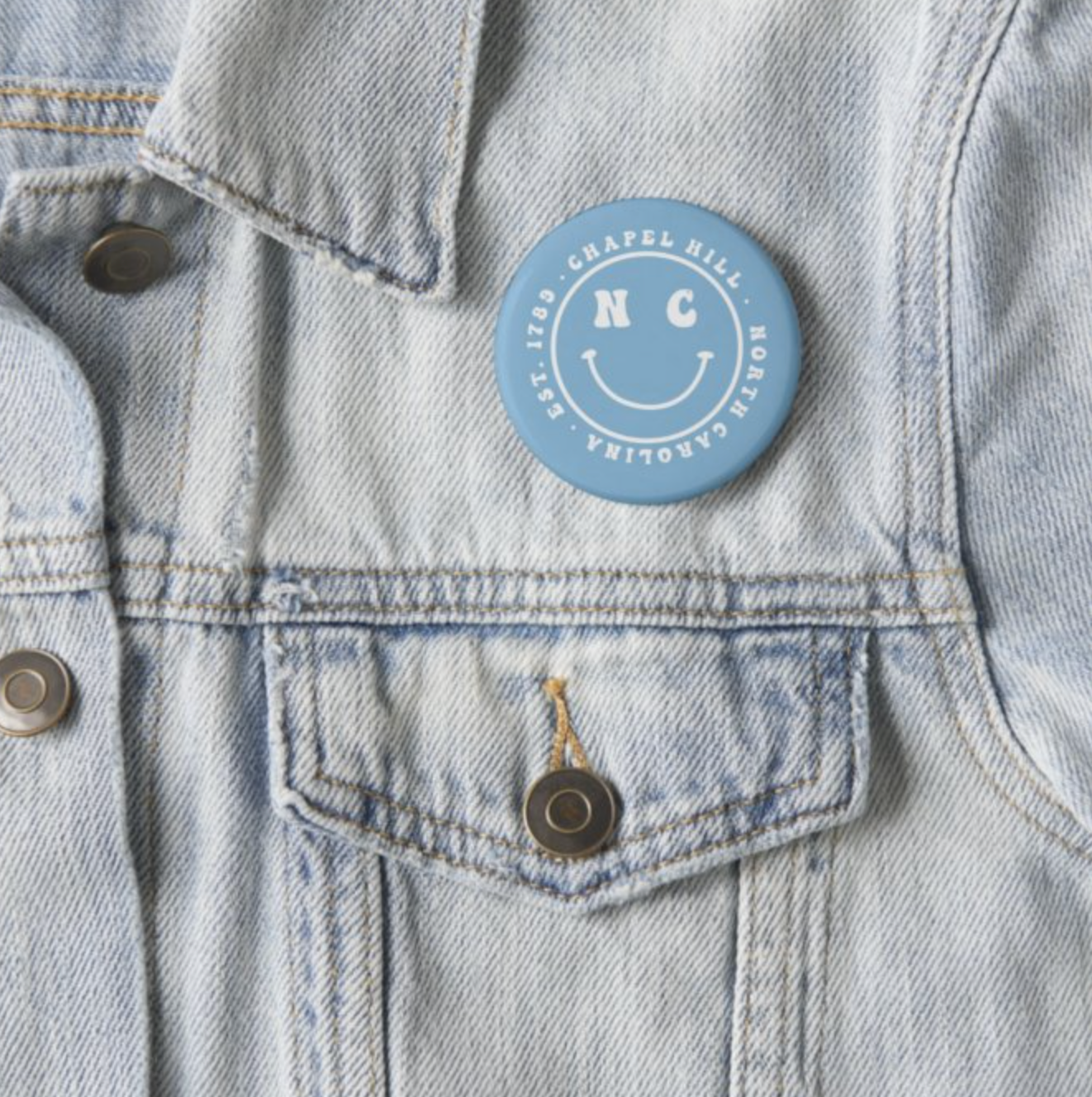 Chapel Hill Smiley Button Pin by Shrunken Head 2.25