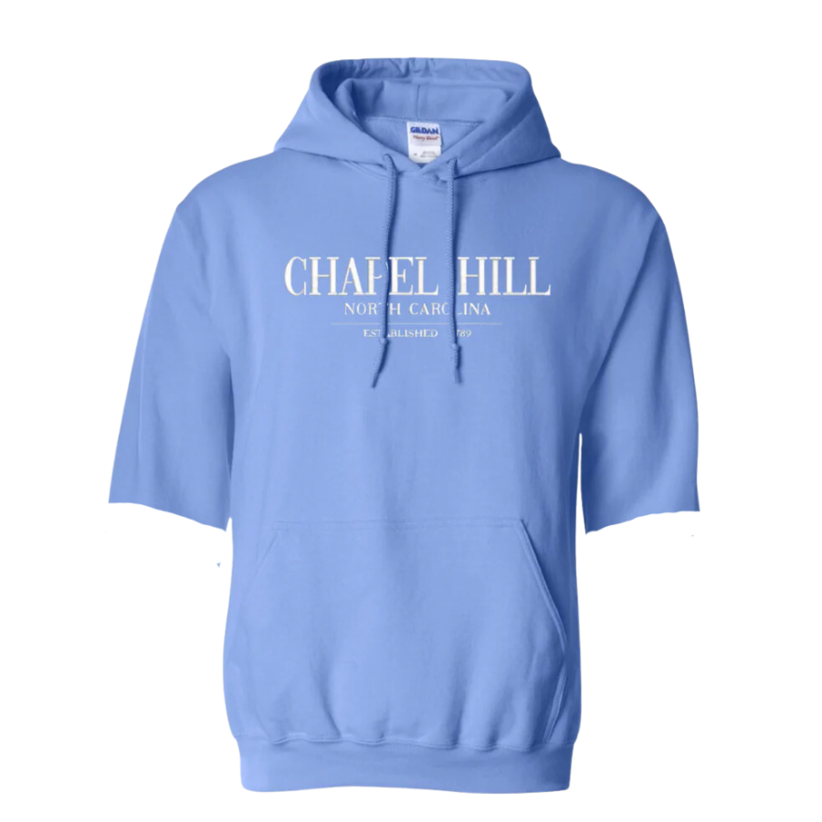 Chapel Hill North Carolina Embroidered Chill Hoodie Sweatshirt in Carolina Blue with CUT Sleeves