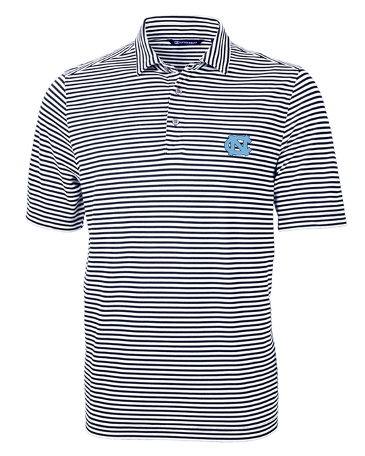 North Carolina Tar Heels Navy Blue Striped Men's Polo Shirt Eco Recycled by Cutter and Buck