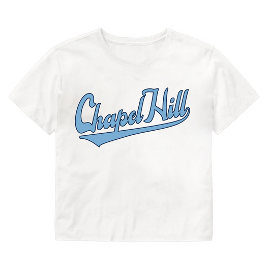 Chapel Hill White Crop Top in Baseball Script Font