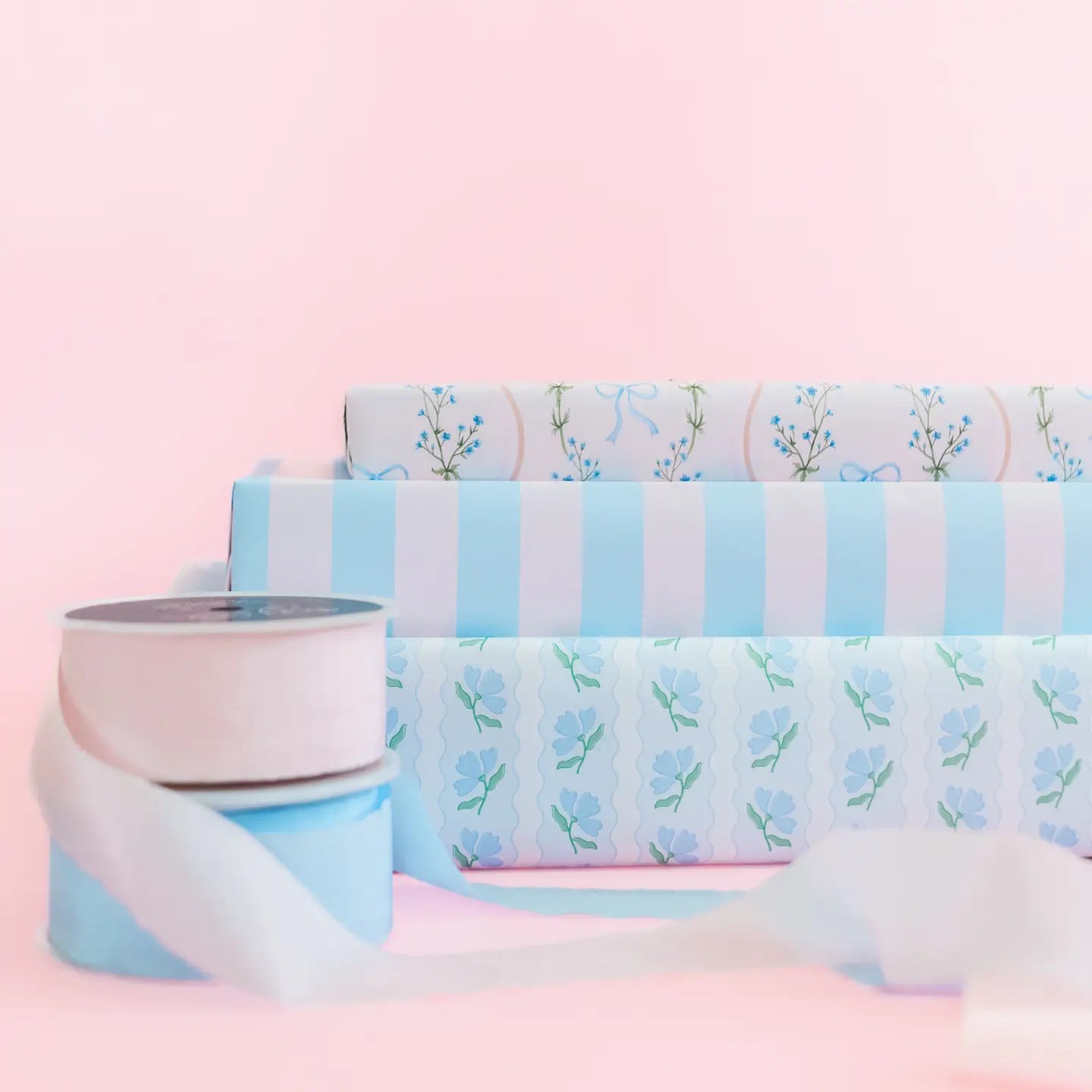 Blue Flower Wavy Stripe Wrapping Paper - Roll of 3 Sheets